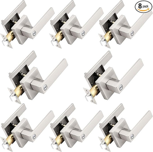 Probrico Interior Brushed Nickel Door Handle, Heavy Duty, Flat Square Privacy Door Handles, Keyless Door Levers Lockset for Bedroom and Bathroom, 8 Pack