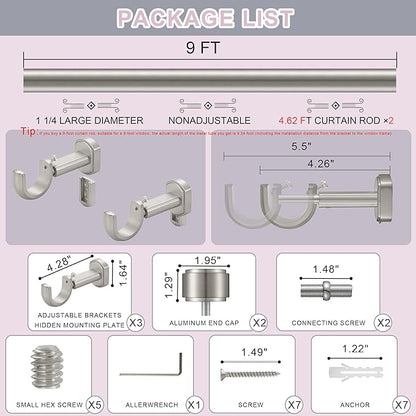Heavy Duty Curtain Rods,1 1/4" Large Diameter Premium Nonadjustable Curtain Rod,108in/9ft Custom Window Treatment Rods with Durable Aluminum Brackets and End Caps,Brushed Nickel Finish