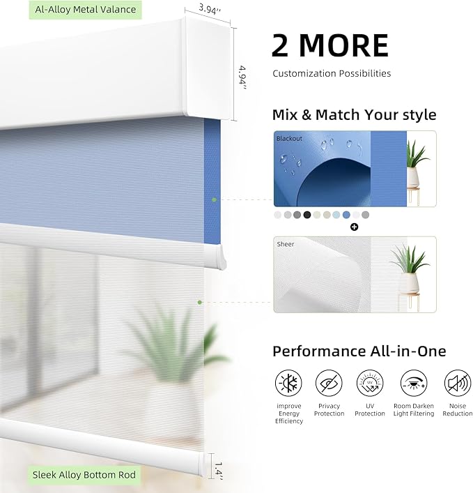 ZSTARR Motorized Day and Night Dual Smart Blind for Window with Valance Rechargeable Motor,Blackout Roller Shade Custom Size,with Valance Suitable for Home,Office (Full Blackout Dark Blue)