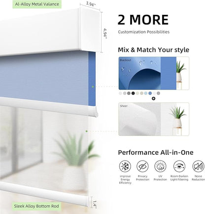 ZSTARR Motorized Day and Night Dual Smart Blind for Window with Valance Rechargeable Motor,Blackout Roller Shade Custom Size,with Valance Suitable for Home,Office (Full Blackout Dark Blue)