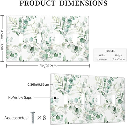 Boho Green Eucalyptus Leaf Floral Plants Flowers Light Switch Covers Quad Toggle Electrical Faceplate 4 Gang Wall Plate Decorative Switch Plates for Bed Room Living Room Decor