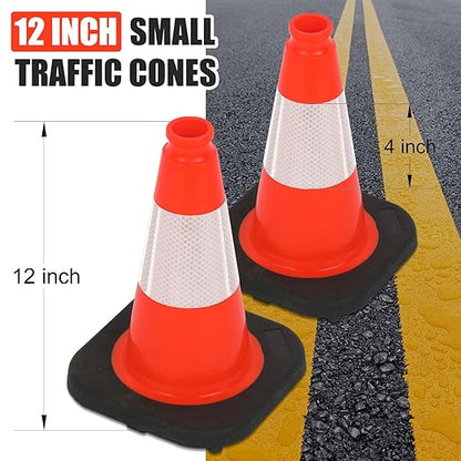 6 Pack 12" Inch Orange PVC Traffic Cones with Heavy-Duty Base, High-Visibility All-Weather Safety Cones for Road Construction, Parking Lot, and Garage Use (6, Orange, 12" Small)