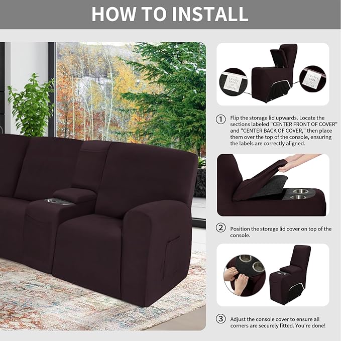 Easy-Going 100% Waterproof Recliner Console Cover, Stretch Middle Console Couch Covers for Reclining Sofas, Sectional L-Shape Furniture Protector for Kids & Pets, 1 Console Cover, Chocolate