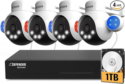 Defender AI Powered Sentinel 4K Wired Security Camera System, 360° PTZ Security Camera System with AI Tracking, Smart Human Detection, Blue-Red Light Deterrence, and Color Night Vision | 4 Cameras 1TB
