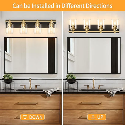 4 Light Modern Bathroom Light Fixtures Over Mirror, Black Gold Vanity Lights for Bathroom Wall Sconces with Clear Glass Shades, E26 Socket (Bulbs Not Included)