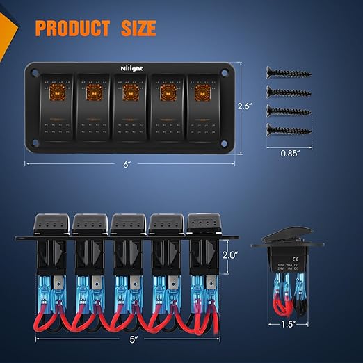 Nilight 6 Gang Rocker Switch Panel with Orange LED Light 5 Pin On Off Pre-Wired Aluminum Toggle Switches Waterproof for 12V/24V Cars Marine Boats ATVs Trailers RV Trucks