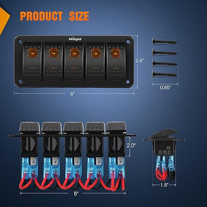 Nilight 5 Gang Rocker Switch Panel with Orange LED Light 5 Pin On Off Pre-Wired Aluminum Toggle Switches Waterproof for 12V/24V Cars Marine Boats ATVs Trailers RV Trucks