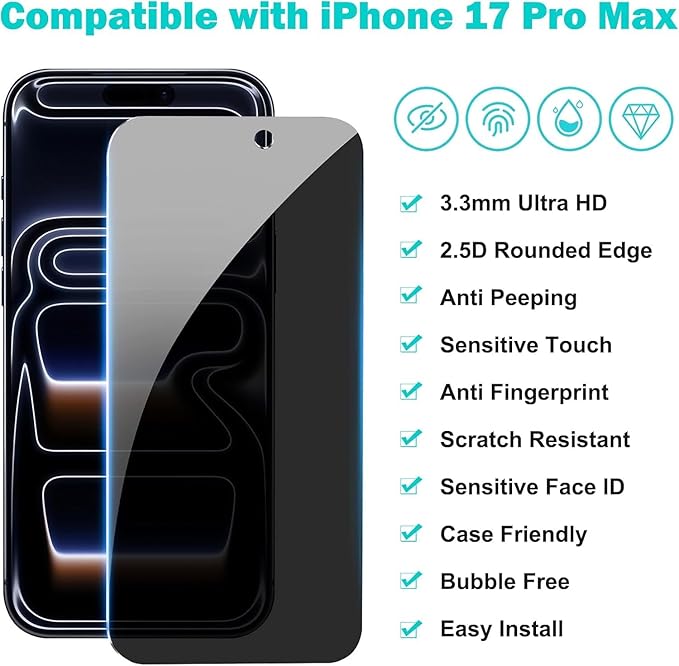 3 Pack for iPhone 17 Pro Max Screen Protector Privacy + 2 Camera Lens Protector 9H+ Tempered full cover Glass for iPhone 17 ProMax Military Grade Shatterproof Anti Spy Auto Installation kit