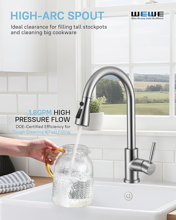 WEWE Kitchen Faucets with Pull Down Sprayer, Stainless Steel Single Handle 1 Hole for Family Kitchen Commercial Camper Laundry Rv Bar, Leak-Proof Brushed Nickel Bar Sink Faucet
