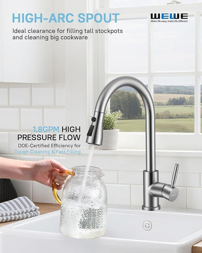 WEWE Kitchen Faucets with Pull Down Sprayer, Stainless Steel Single Handle 1 Hole for Family Kitchen Commercial Camper Laundry Rv Bar, Leak-Proof Brushed Nickel Bar Sink Faucet