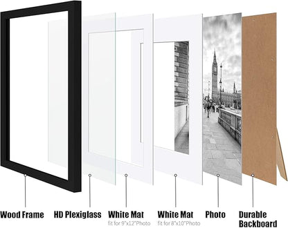 11x14 Picture Frames Black Solid Wood - Matted to Display Pictures 9x12 or 8x10 or 11x14 Frame without Mat - Wooden Photo Frame 11x14 inch Black with 2 Mats for Wall Mounting or Table Top, 2 Set