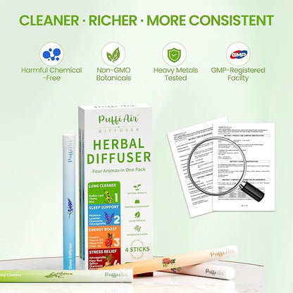 PUFFIAIR Balanced Routine Quad Herbal Diffuser Pen Set | Energy Relax Calm Blends | Green Brown Orange Blue | 4 Count
