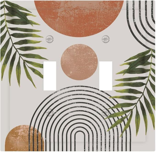 Beautiful Boho Mid Century Large Archs Sun Leaves Plants Decorative Switch Plates 2 Gang Double Toggle Outlet Light Switch Cover Wall Plate Electrical Faceplate for Bedroom Living Room Decor