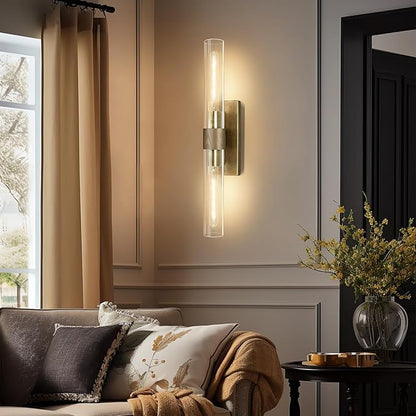 Wall Sconces Set of Two, Gold Bathroom Sconces Wall Lighting with Clear Glass, Modern Sconces Wall Decor Light Fixtures for Bathroom Mirror Living Room Hallway Bedroom