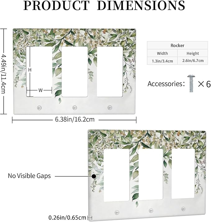 Light Switch Covers Sage Green Eucalyptus Watercolor Plant Leaves 3 Gang Rocker Electrical GFCI Decorative Triple Outlet Wall Plate Cover Switchplate for Bedroom Bathroom Decor