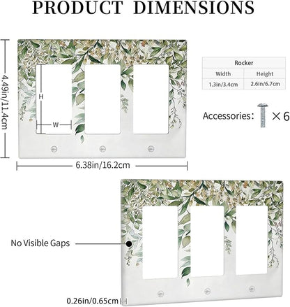 Light Switch Covers Sage Green Eucalyptus Watercolor Plant Leaves 3 Gang Rocker Electrical GFCI Decorative Triple Outlet Wall Plate Cover Switchplate for Bedroom Bathroom Decor
