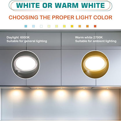 Single Under Cabinet Puck Light, Collection Display Cases Bookshelf Counter LED Lighting, 120V Electric Wired Wall Plug in, On Off Switch, White Cords, 2 Packs, Daylight