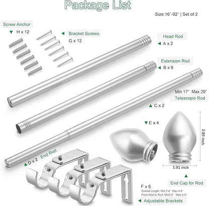 Curtain Rods for Windows 16 to 92 inches, Curtain Rod Max Adjustable Length to 104 in, Drapery Rod 1 inch Diameter with Modern Knobs Finials (Satin Silver, 16" to 92" - Set of 2)