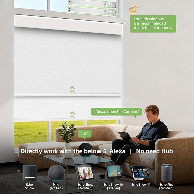 ZSTARR Motorized Day and Night Dual Smart Blind for Window with Valance Rechargeable Motor,Blackout Roller Shade Custom Size,with Valance Suitable for Home,Office (Full Blackout Pure White)