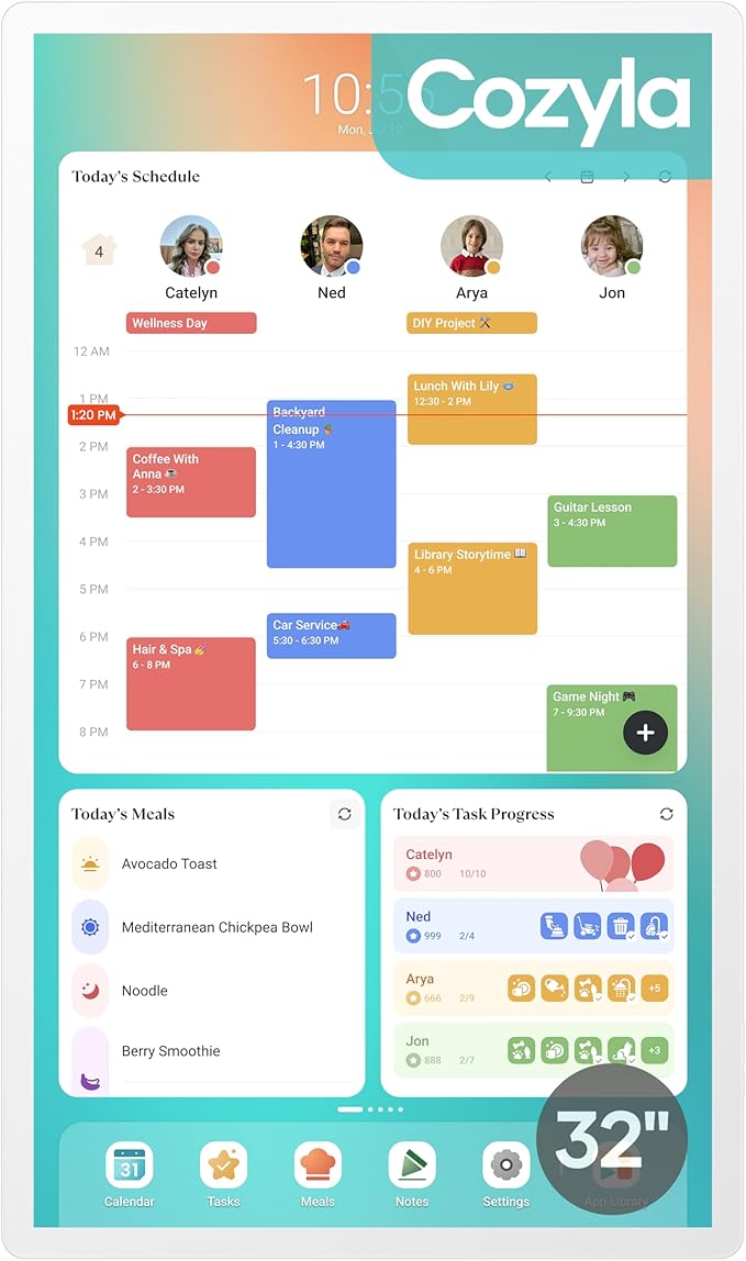 Cozyla Mate Digital Calendar+ 2: 32 Inch Wall Touch Screen Chore Chart Customizable Dashboard Smart Electronic Calendar for Family Schedules Meal Planner Supports All Google Play Apps Wall Mount White