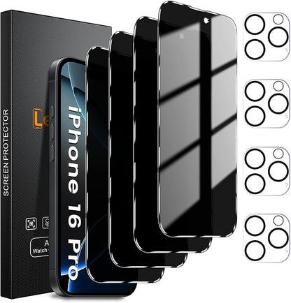 4+4 Pack Privacy Screen Protector for iPhone 16 Pro 6.3-Inch with 4 Pack Camera Lens Protector, Anti Spy Tempered Glass Film 9H Hardness Case Friendly