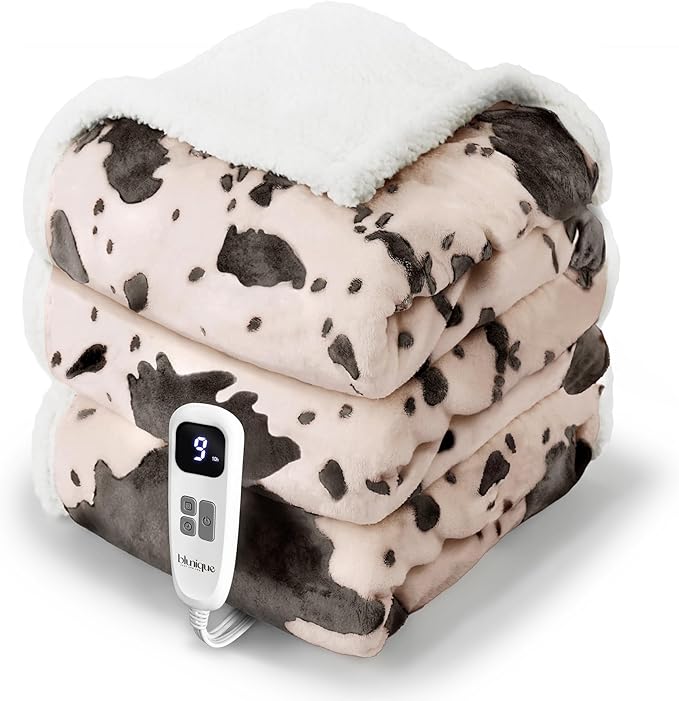 Cow Print Heated Blanket Twin-Heating Electric Blanket Twin with 10 Heat Levels & 10 Hours Auto-Off, Cozy Soft Fleece Sherpa, Washable, 62 x 84 Inche Cow Print Light Coral
