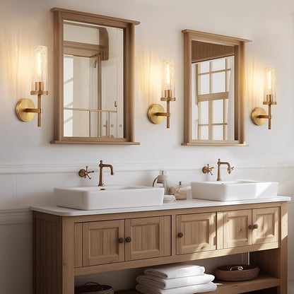 15" Knurled Brass Wall Sconce with Crackle Glass Tube, Gold Bathroom Vanity Light Fixtures, Modern Lamp Lighting for Bedroom, Living Room, Hallway, Staircase, Mirror, Kitchen