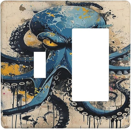 Outlet Covers Nautical Vintage Blue Octopus Yellow Eyes Oil Watercolor 1 Toggle 1 Rocker Combination Decorative Wall Plate Electrical Switch Plates Light Switch Cover Plate for Kids room