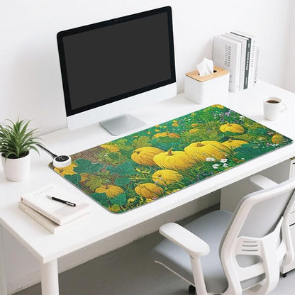 Heated Desk Pad Mouse Pad 31.5x13 Inch PU Leather Desk Mat with 3 Heat Levels Large Mouse Gaming Computer Laptop Mat Yellow Pumpkin Flower Tree