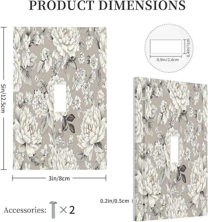 White Poppies Floral Modern Grey Peonies Flowers Decorative Light Switch Cover 1 Gang Single Toggle Decorator Outlet Wall Plate Device Electrical Faceplate Switchplates for Bedroom Bathroom