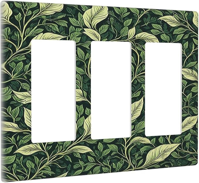 Vintage Green Plant Leaves Triple Rocker Light Switch Covers 3 Gang Outlet Cover Wall Plates Decorative Switch Plates Electrical GFCI Faceplate Switchplate for Home Decor 4.49 X 6.38 IN