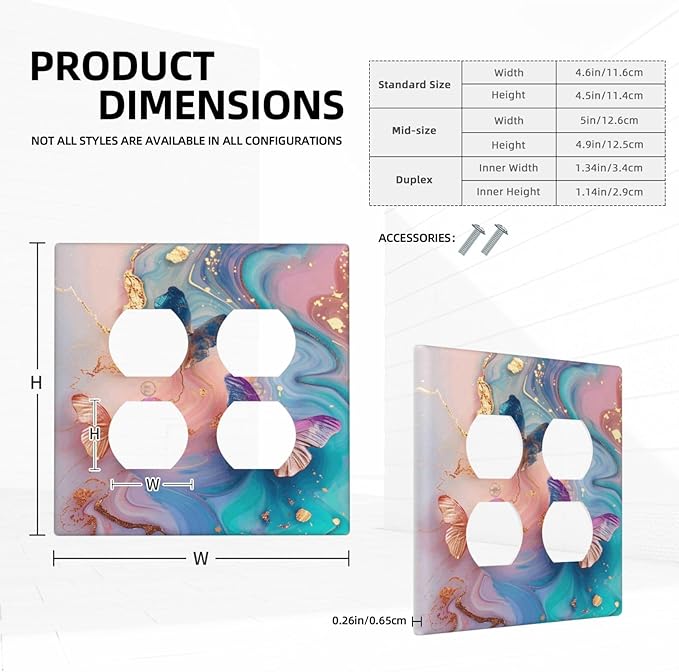 Colorful Marble Butterfly Gold Glitter Abstract Print Outlet Covers 2 Gang Double Duplex Decorative Light Switch Covers Electrical Wallplates Socket Faceplate for Bed Room Living Room Decor