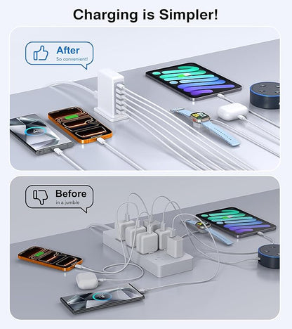 USB Charger Block, 45W 6-Port Charging Station for Multiple Devices, USB A and Type-C Charger Tower Fast Charging Dock Hub Power Strip for iPhone iPad Tablets Android Smartphones, Home Office Use
