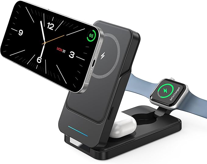 ANJANK 3 in 1 Portable Wireless Charging Station, Removable 5000mAh Mag-Safe Power Bank, Foldable Travel Magnetic Charger Stand for iPhone 17 16 15 14 13 12 Pro Max Plus, Apple Watch Series, AirPods