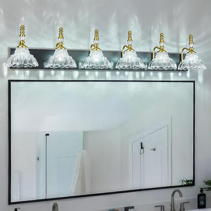 Vintage Bathroom Vanity Light, 6-Light Black Gold Vanity Lighting Fixture with Flower Glass Shade, Bathroom Lighting Fixtures Over Mirror