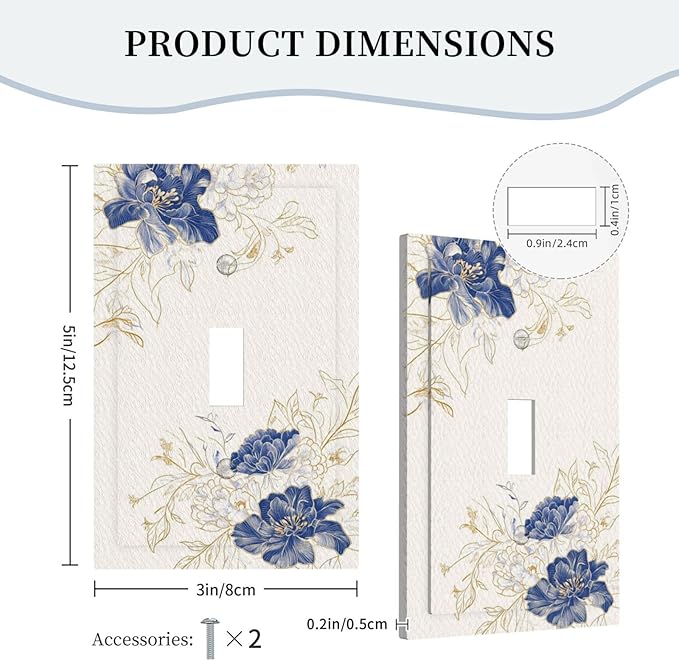 Decorative Light Switch Cover Plate Rustic Blue Flower Floral Gold Leaf 1 Gang Single Toggle Wall Plates for Electrical Outlet Covers Switch Plate Covers Faceplate for Bedroom Home Decor