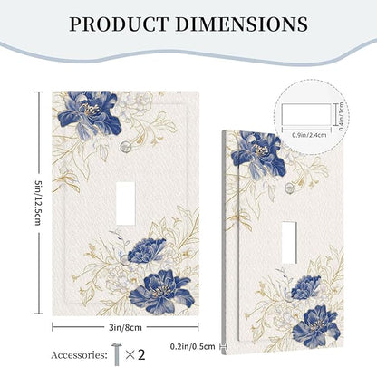 Decorative Light Switch Cover Plate Rustic Blue Flower Floral Gold Leaf 1 Gang Single Toggle Wall Plates for Electrical Outlet Covers Switch Plate Covers Faceplate for Bedroom Home Decor