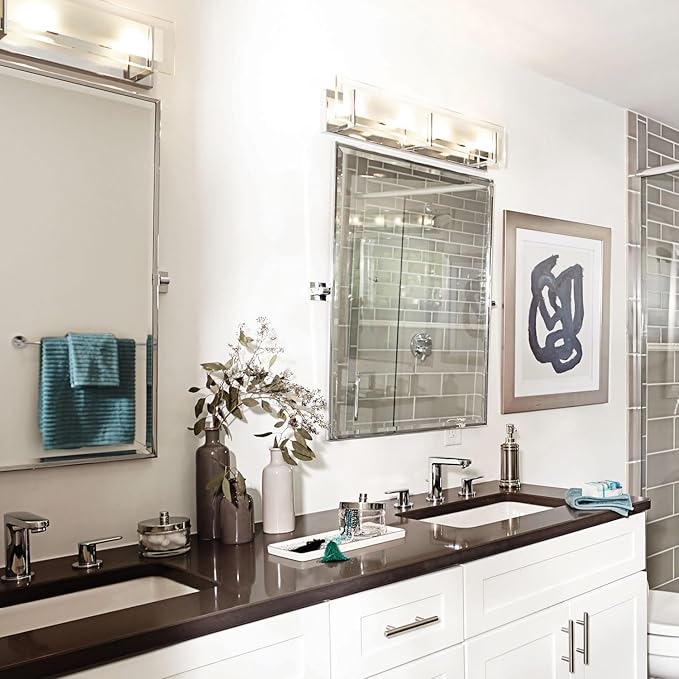 Hinkley Latitude Large Four Light Bath Vanity - Modern, Inside Etched Clear Glass Panel, Bulbs Included - Chrome Finish