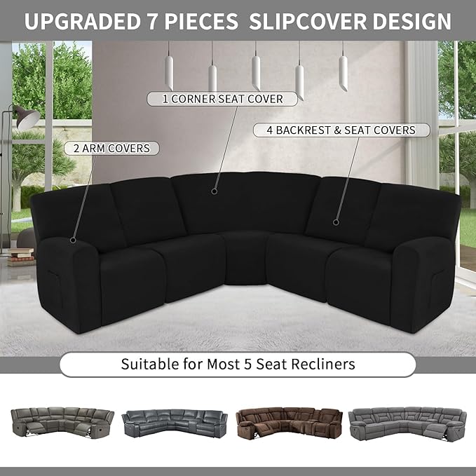 Easy-Going 100% Waterproof Recliner Cover, Stretch Couch Covers for Reclining Couches, Extra Large Sectional Sofa Slipcover, L-Shape Furniture Protector for Kids & Pets, 5 Seater, Black