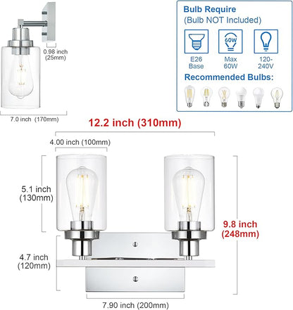 MELUCEE Sconces Wall Lighting Chrome 2-Light, Modern Bathroom Lights Over Mirror Contemporary Vanity Lighting Fixture with Clear Glass Shade (Patent No.: US D963914 S)