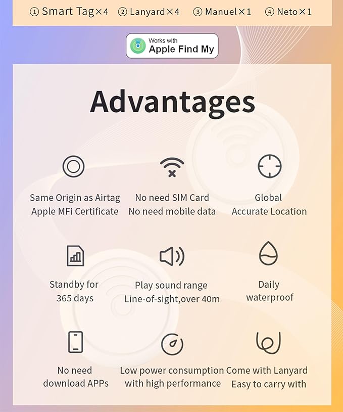 Air Tags-4 Pack: High Capacity Battery | IP65 Waterproof, Smart Tags Works with Apple Find My (iOS only) Bluetooth Tracker Tag Locator for Keys,Luggage,Backpack etc