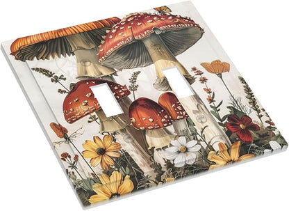 Decorative Switch Plates Mushroom Forest Butterfly Wild Flower 2 Gang Double Toggle Outlet Light Switch Cover Wall Plate Electrical Faceplate For Bed Room Living Room Decor