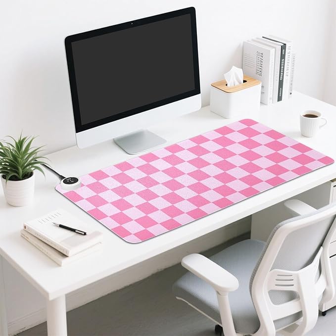 Checkered Pink Heated Desk Pad Mouse Pad 31.5x13 Inch PU Leather Desk Mat with 3 Heat Levels Large Mouse Gaming Computer Laptop Mat