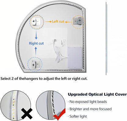 Niccy Half Moon LED Mirror for Bathroom, 28" Backlit + Front Lit Lighted Semi Round Makeup Mirrors for Wall, Anti-Fog, Dimmable 3-Colors, Memory Function, Shatterproof Smart Vanity Mirror