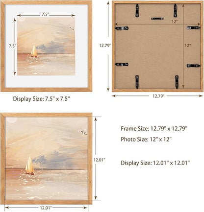 12x12 Picture Frame, Solid Oak Wood 12"x12" Photo Frame for Wall, 12 x 12 Frame Matted to 8 x 8, Square 12x12 Frame, Tempered Real Glass, 12 x 12 Collage Gallery Frames - Natural Oak Color, 1 Pack