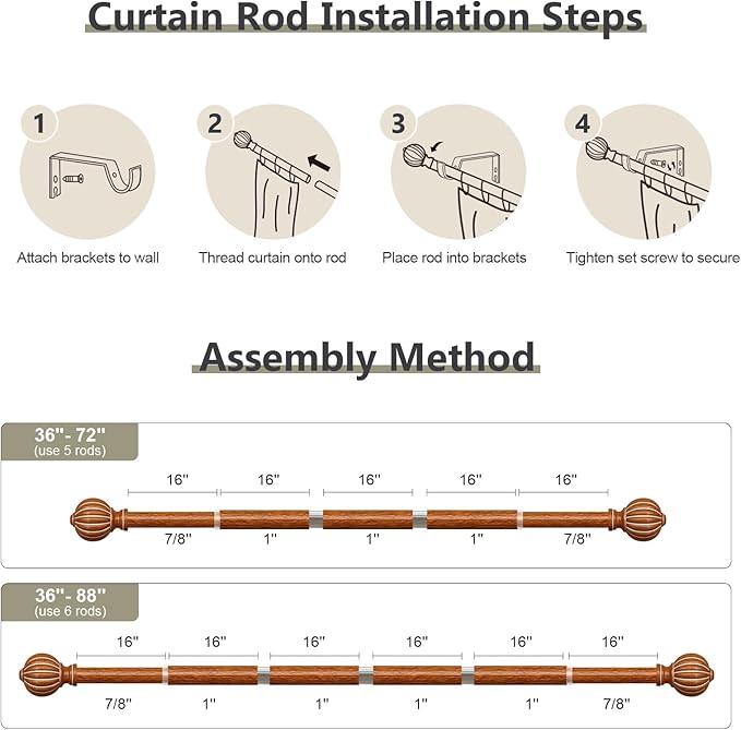 2 Pack Reddish-Brown Wood Curtain Rods for Windows 48 to 84 Inch, 1'' Adjustable Heavy Duty Curtain Rod，Vintage Imitation Wood Decorative Drapery Rods with Pumpkin Finials for Living Room