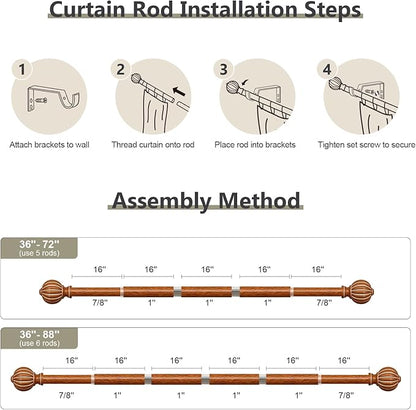 2 Pack Reddish-Brown Wood Curtain Rods for Windows 48 to 84 Inch, 1'' Adjustable Heavy Duty Curtain Rod，Vintage Imitation Wood Decorative Drapery Rods with Pumpkin Finials for Living Room