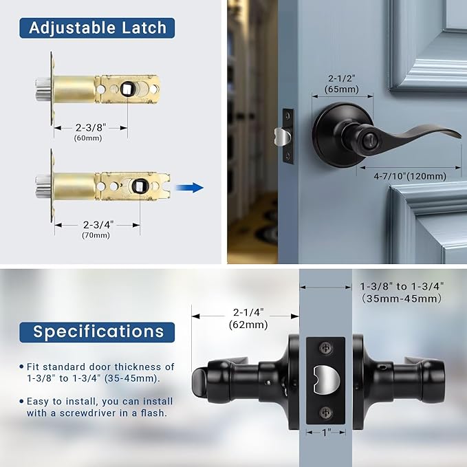 Knobonly 2 Pack Matte Black Door Lever Privacy Door Handles, Zinc Alloy Door Handle Interior, Keyless Lock for Bedroom or Bathroom