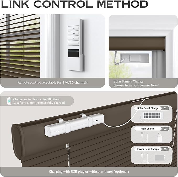 Motorized Cordless Aluminum Blinds with Remote, Automatic Room Darkening Horizontal Blinds for Indoor Windows, Light Adjustment Waterproof Blinds, Customized for Home Office, Brown