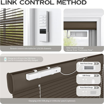 Motorized Cordless Aluminum Blinds with Remote, Automatic Room Darkening Horizontal Blinds for Indoor Windows, Light Adjustment Waterproof Blinds, Customized for Home Office, Brown